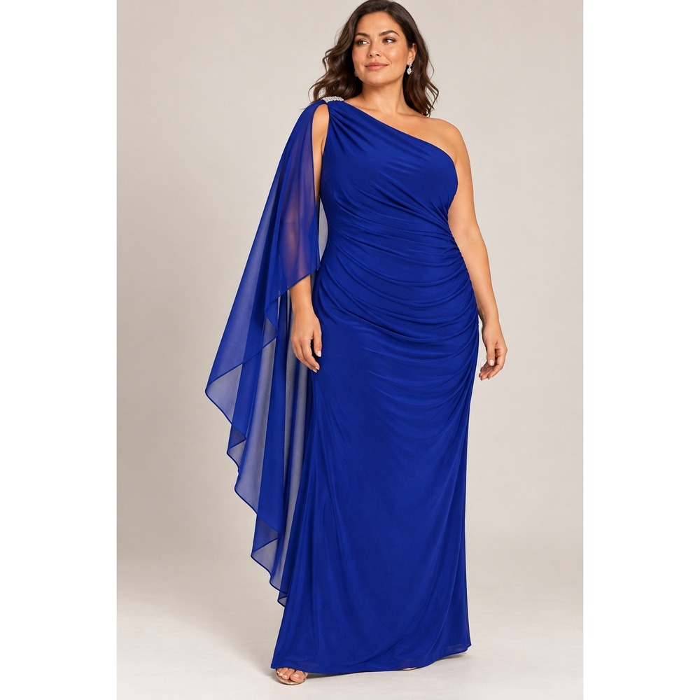 Lauren Ralph Lauren Royal Blue One Shoulder Cape Gown Dress 18 Formal Glam